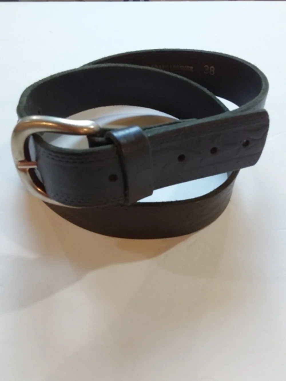 Mens Classic Black Tooled Top Grain Premium Leather Belt Silver Buckle Usa Sz.38